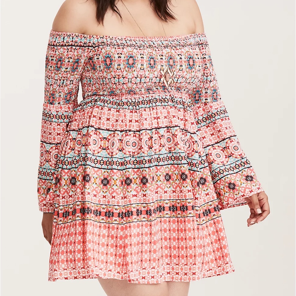 Torrid Mosaic Print Smocked Bell Sleeve Dress